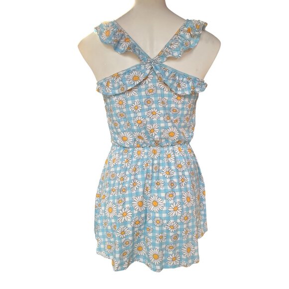 Shosho Romper Womens Size 10 Blue & White Daisy Checkered Ruffled Straps - Picture 4 of 7